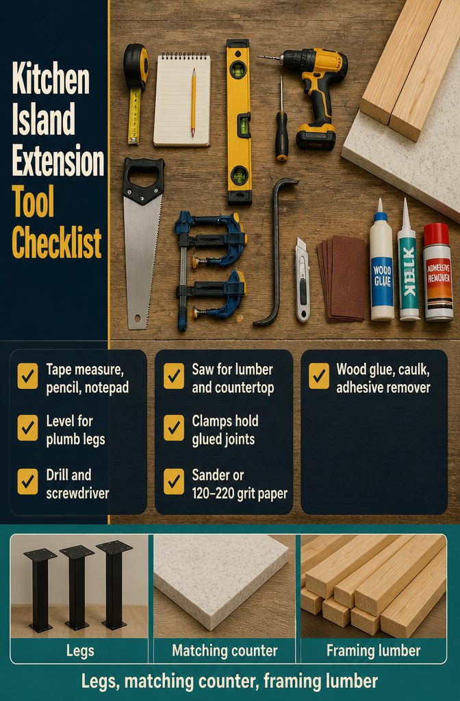 Kitchen island extension tools including measuring tape saw clamps wood glue and sandpaper