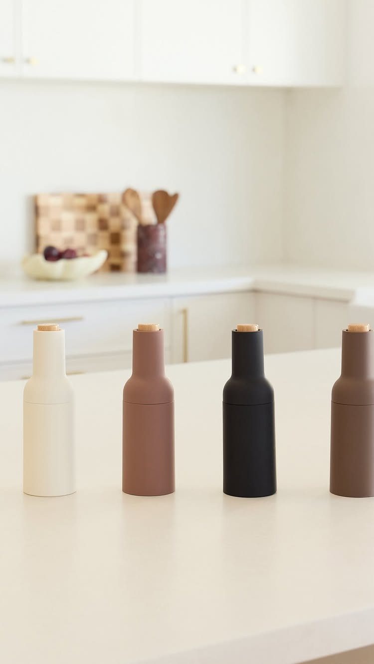 14 Kitchen Tabletop Decor Ideas to Style Your Counters 14 Four matte salt and pepper grinders in neutral tones on a white countertop.