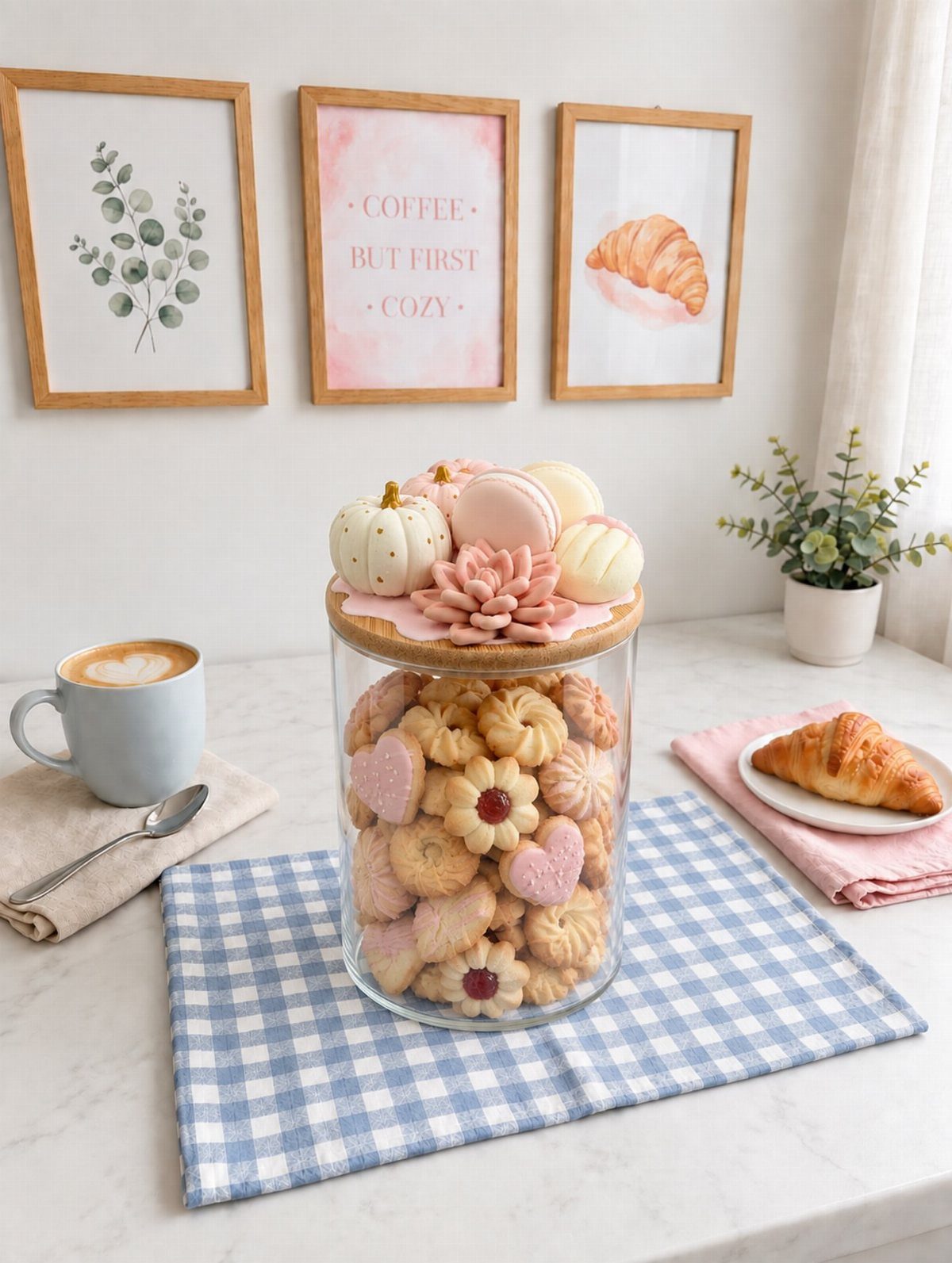 14 Kitchen Tabletop Decor Ideas to Style Your Counters 15 Glass cookie jar filled with treats on a blue checkered kitchen countertop.