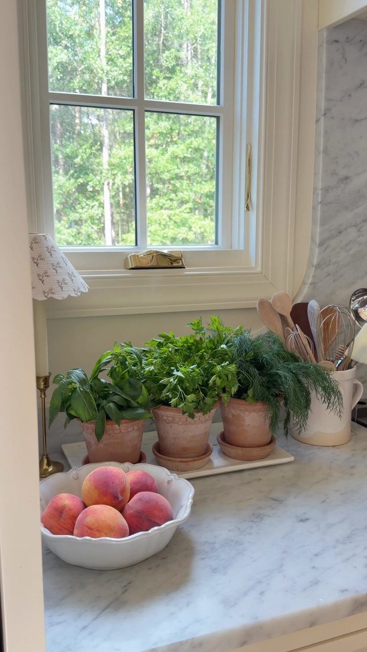 14 Kitchen Tabletop Decor Ideas to Style Your Counters 4 Three terracotta pots of green herbs on a marble kitchen counter by a window.