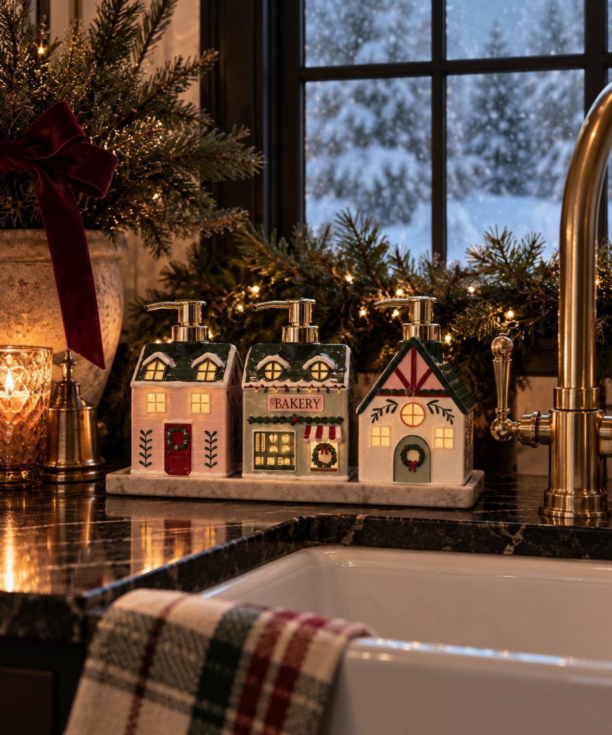 14 Kitchen Tabletop Decor Ideas to Style Your Counters 8 House-shaped patterned soap dispensers on a marble tray by a kitchen sink.