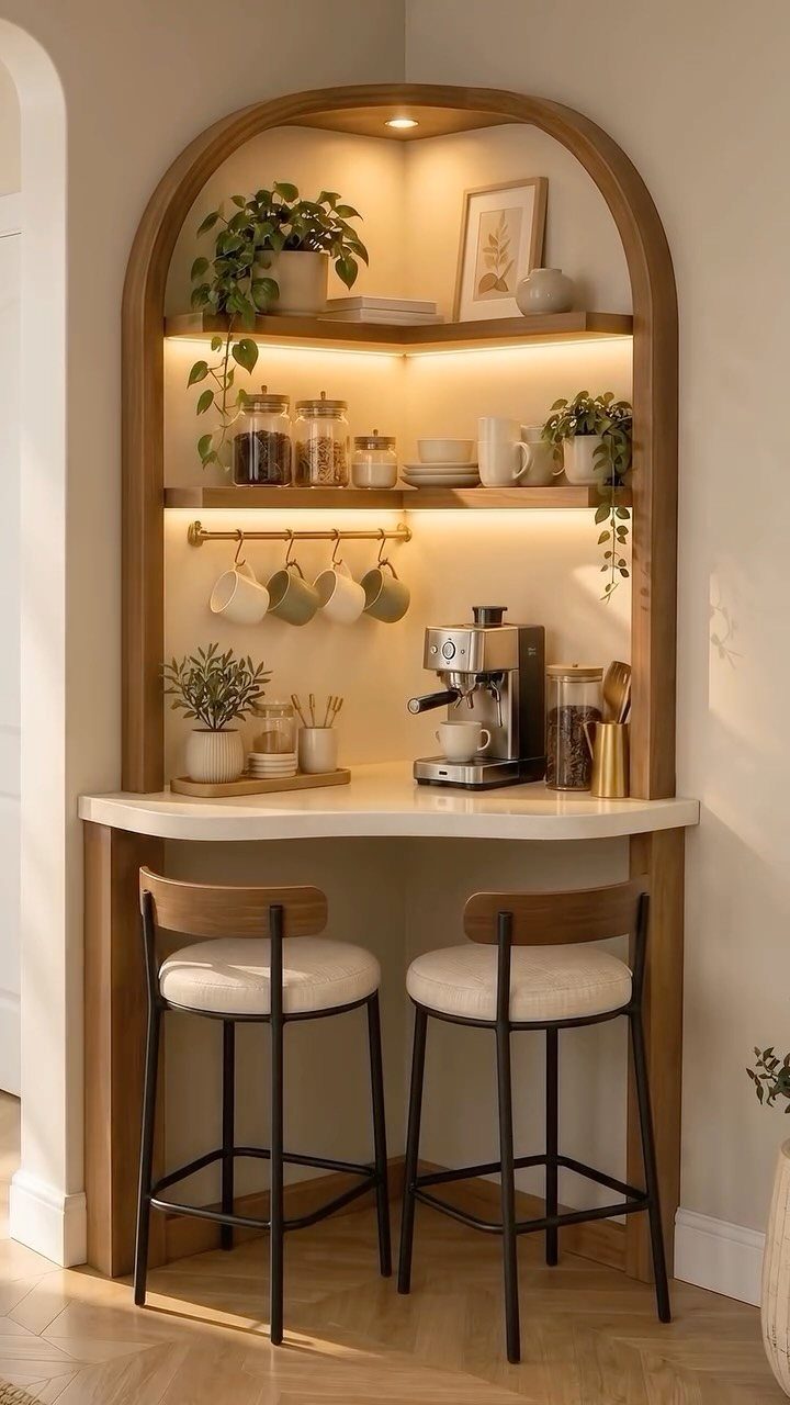 Built-in corner coffee station with arched wooden frame, espresso machine, and two bar stools.