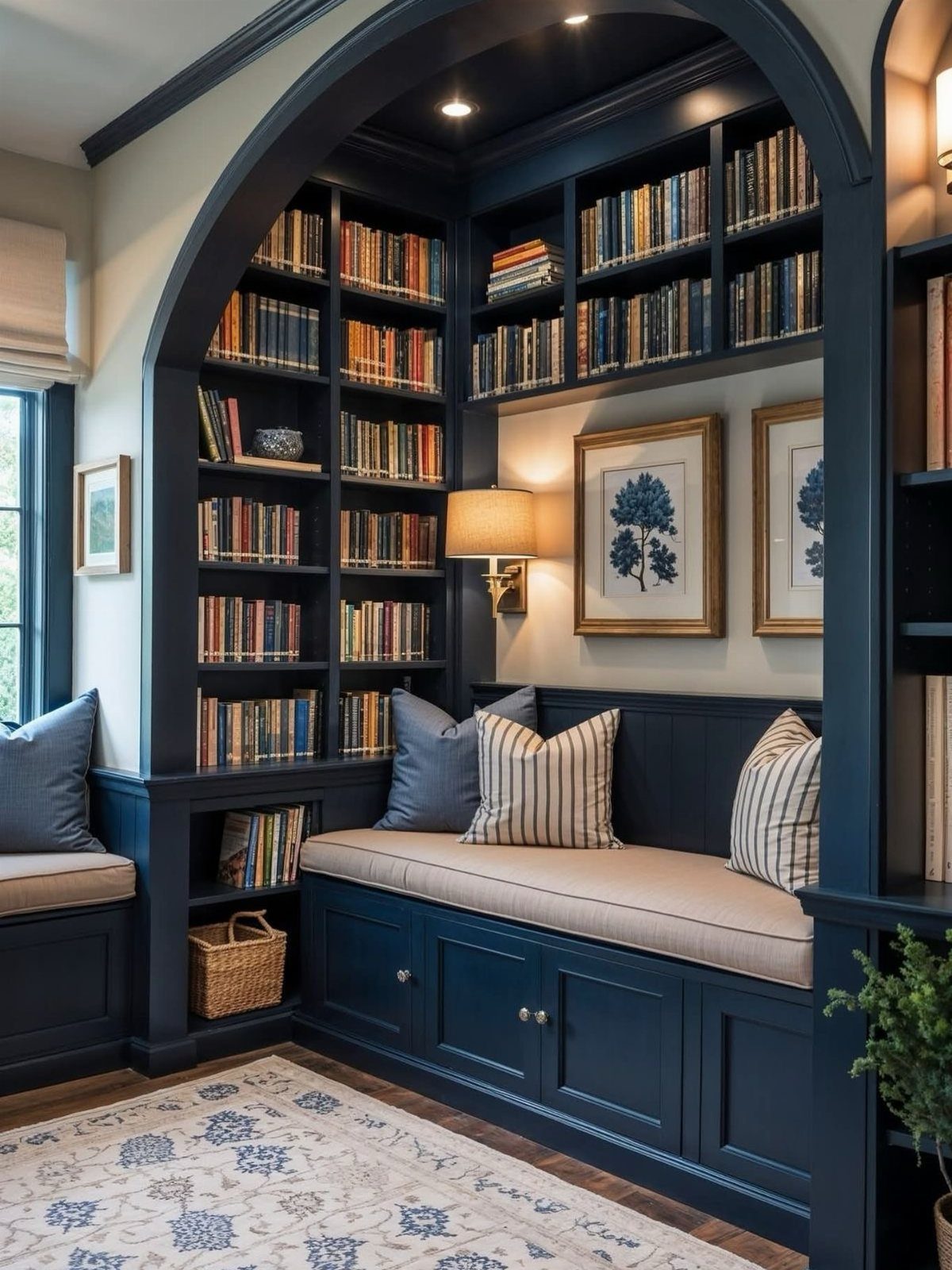 Dark blue corner built-in bookshelves and a cozy window seat with beige cushions.