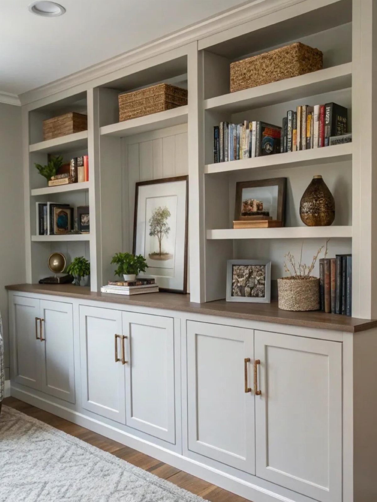 Light gray built-in cabinetry with shaker doors and open shelving in a living room