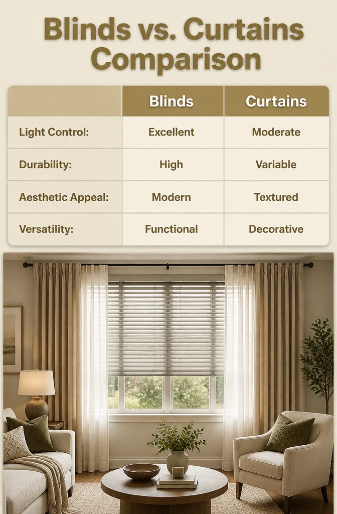 9 Living Room Window Treatment Ideas for 2026 13 A comparison of blinds and curtains in a living room.
