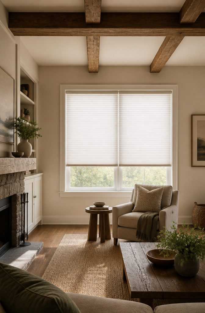 9 Living Room Window Treatment Ideas for 2026 4 Cellular shades installed on a living room window.