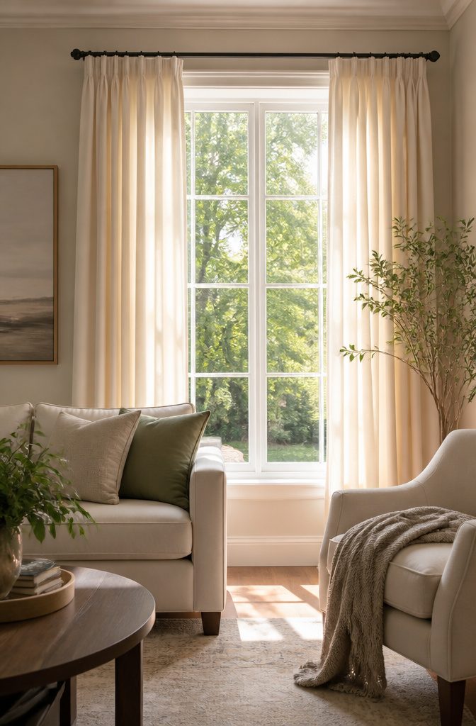 9 Living Room Window Treatment Ideas for 2026 2 A living room with soft drapery framing a large window.