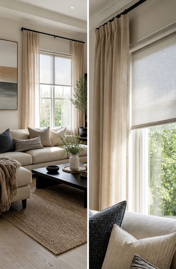 9 Living Room Window Treatment Ideas for 2026 11 Layered window treatments in a comfortable living room.