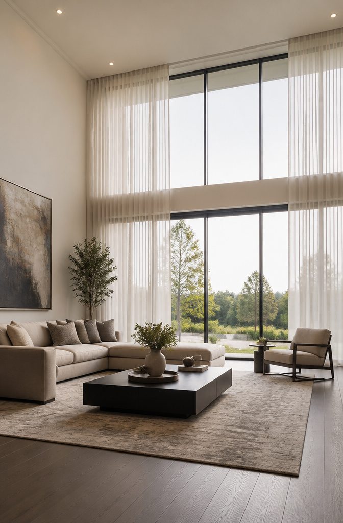 9 Living Room Window Treatment Ideas for 2026 10 Motorized drapery installed in a high ceiling living room.
