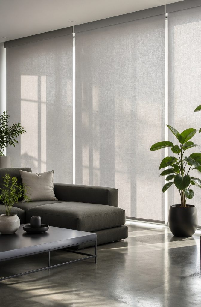 9 Living Room Window Treatment Ideas for 2026 6 Roller shades in a contemporary living room setting.