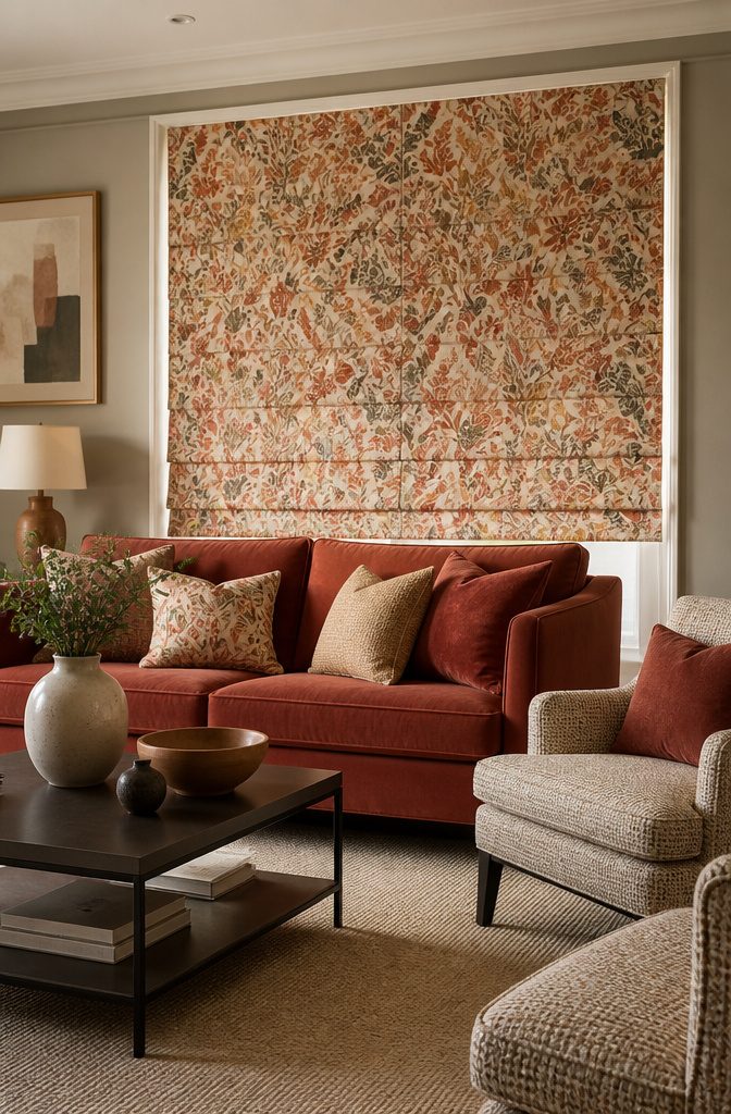 9 Living Room Window Treatment Ideas for 2026 5 Elegant Roman shades in a well-decorated living room.