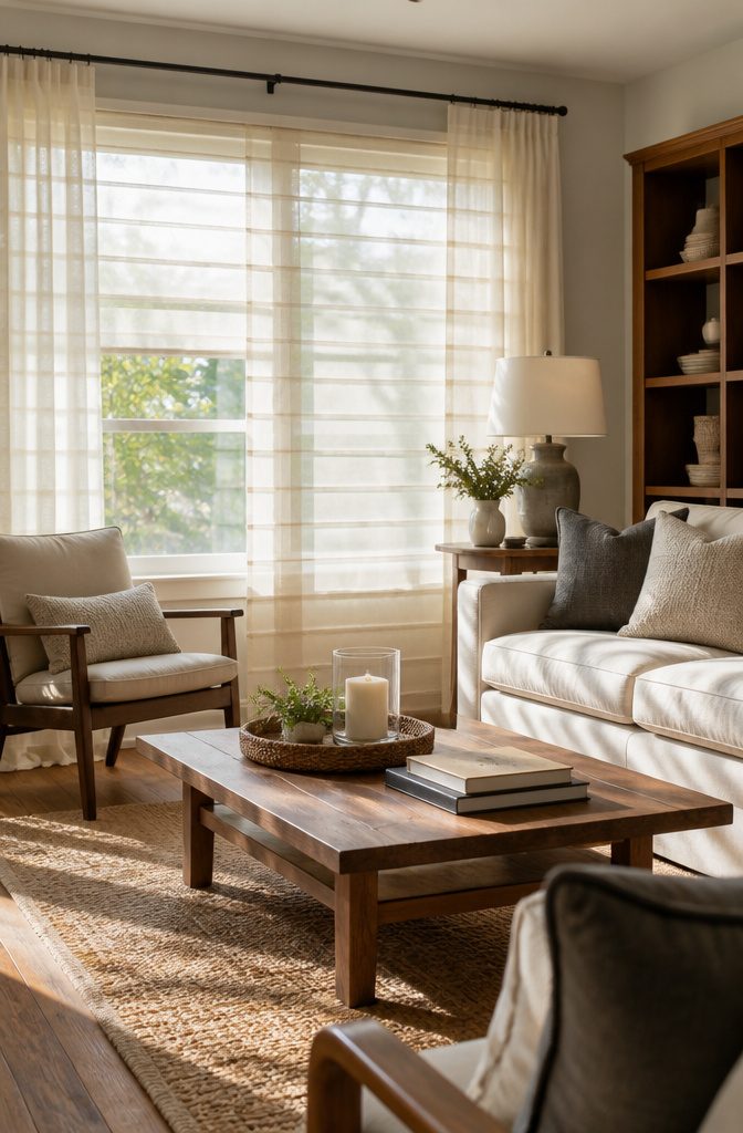 9 Living Room Window Treatment Ideas for 2026 9 Sheer shades softly filtering light in a furnished living room.