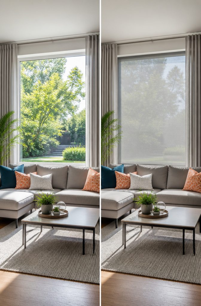 9 Living Room Window Treatment Ideas for 2026 8 Solar shades filtering light in a bright living room.