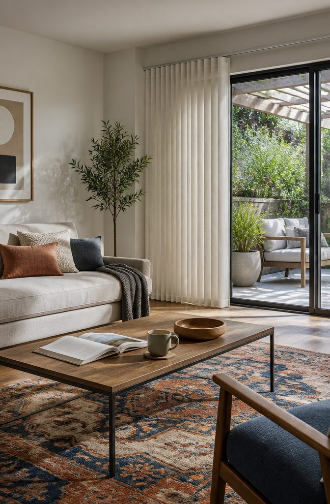 9 Living Room Window Treatment Ideas for 2026 7 Vertical blinds covering a spacious sliding glass door.
