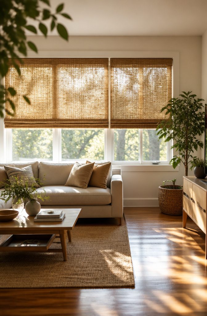 9 Living Room Window Treatment Ideas for 2026 3 Woven wood shades covering a wide window in a cozy living room.