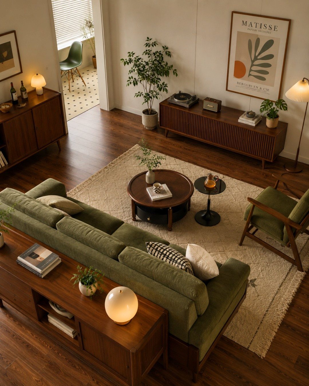 Mid Century Modern Items: 12 Ideas for Your Home 3 Mid-century modern living room with green sofa and minimalist wooden furniture on dark floors