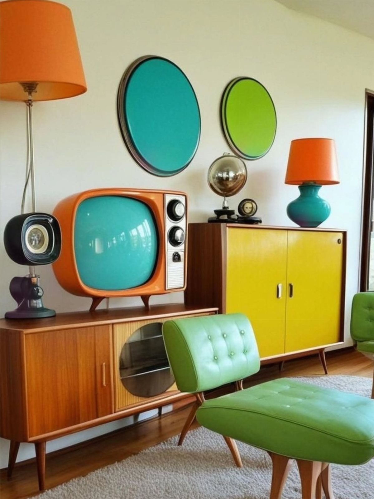 Mid Century Modern Items: 12 Ideas for Your Home 13 Mid-century modern living room with curved furniture, orange television, and circular wall art.
