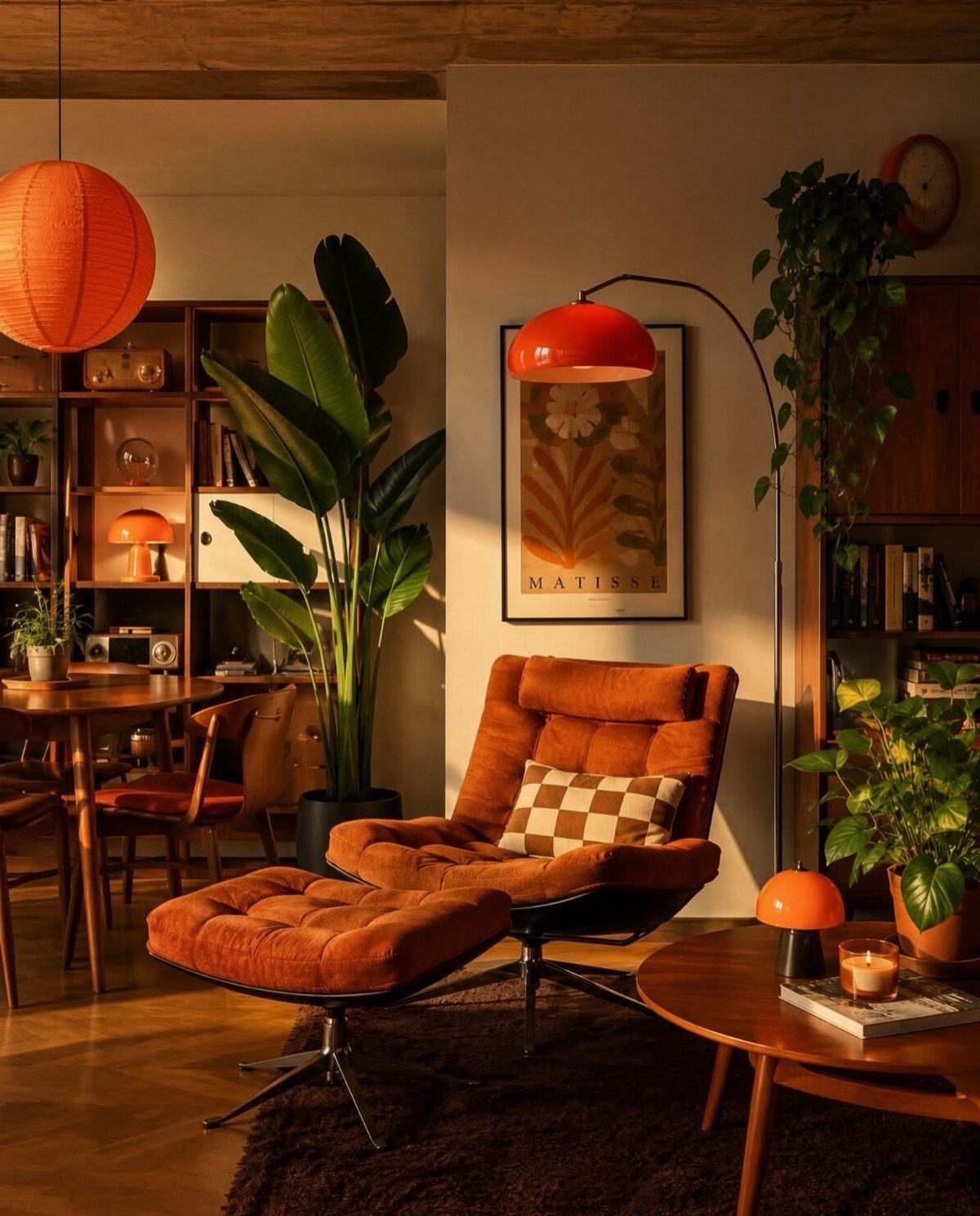 Mid Century Modern Items: 12 Ideas for Your Home 4 Orange mid-century lounge chair and red arc lamp in a warm wooden interior.