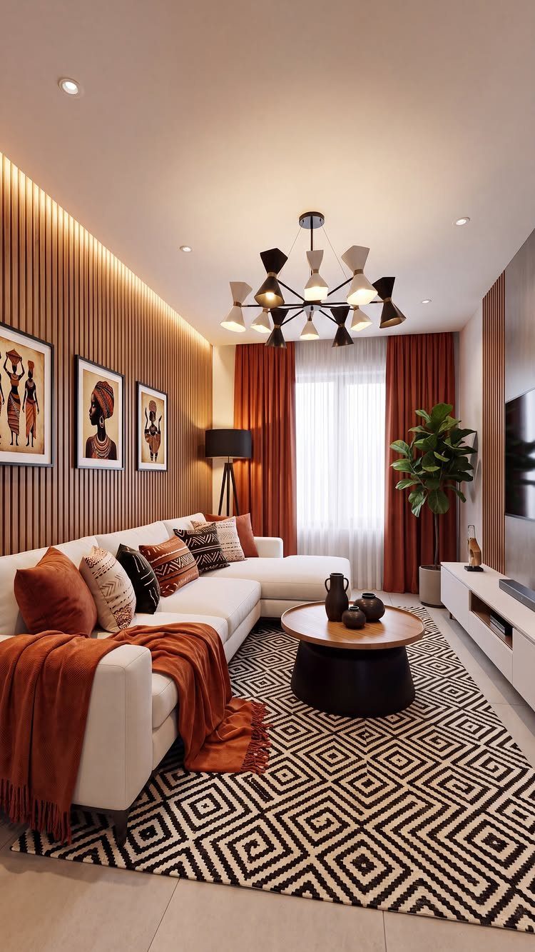 Mid Century Modern Items: 12 Ideas for Your Home 8 Modern living room with sputnik chandelier, geometric rug, and vertical wood slat wall.