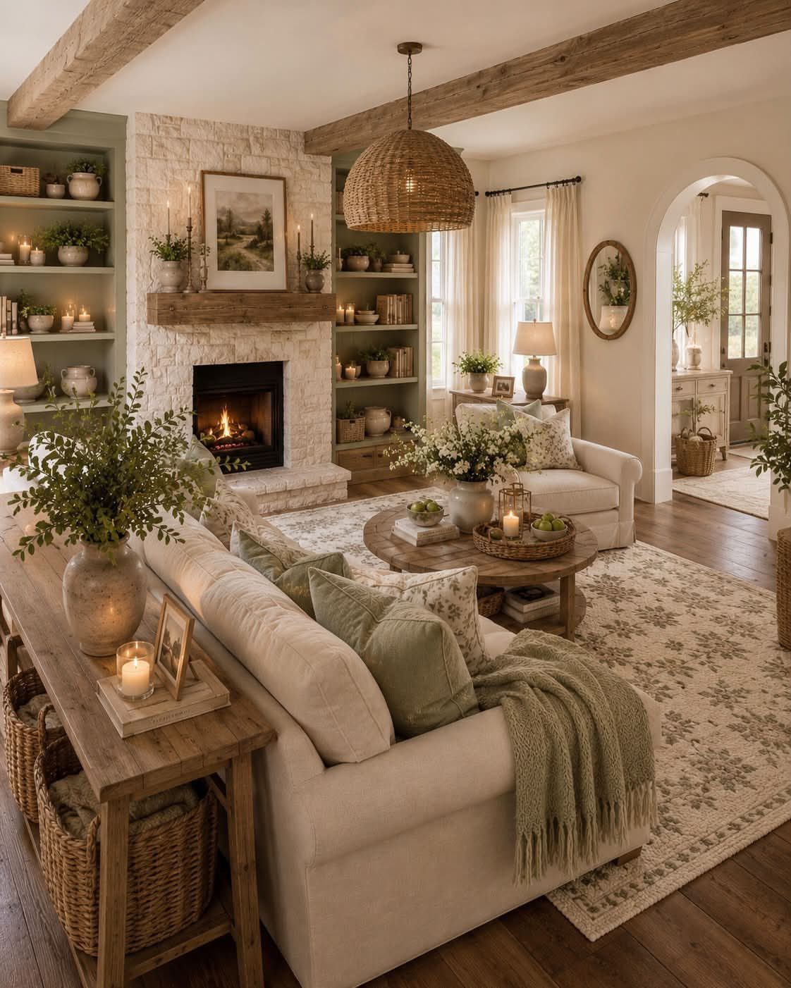 12 Modern Farmhouse Wall Decor Ideas for Living Room 10 Living room with exposed wooden ceiling beams and a white stone fireplace.
