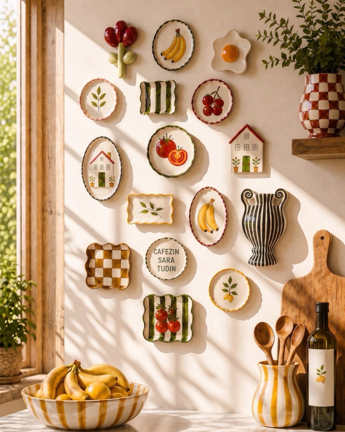 12 Modern Farmhouse Wall Decor Ideas for Living Room 11 Decorative ceramic plates with fruit and vegetable motifs displayed on a beige wall.