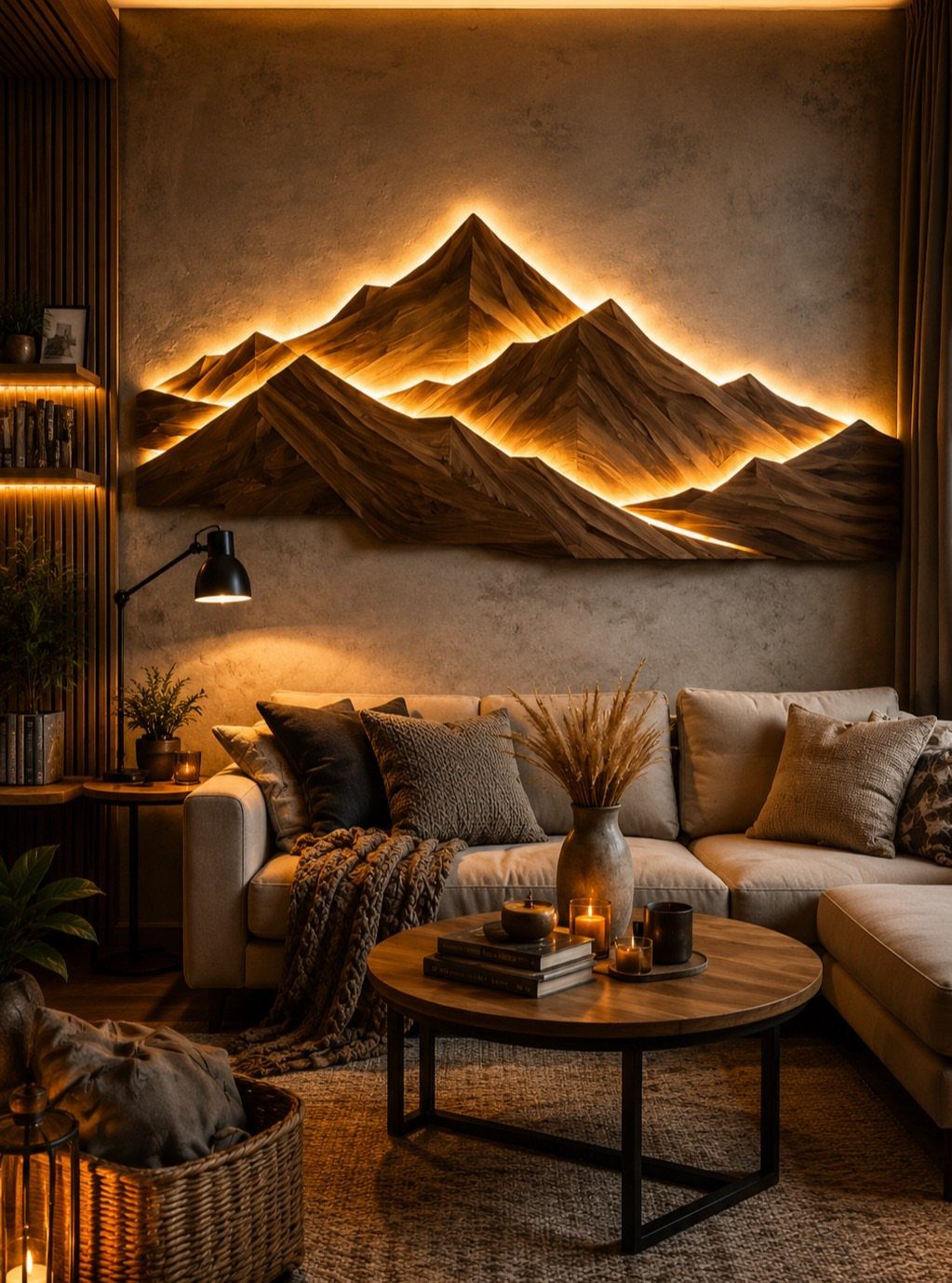 12 Modern Farmhouse Wall Decor Ideas for Living Room 2 Backlit wooden mountain wall art above a beige sofa in a modern living room