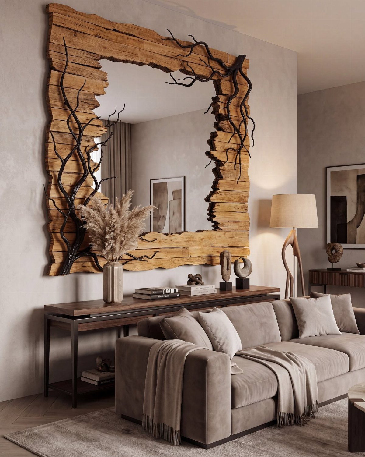 12 Modern Farmhouse Wall Decor Ideas for Living Room 8 Large rustic wood mirror with black branch accents above a beige living room sofa