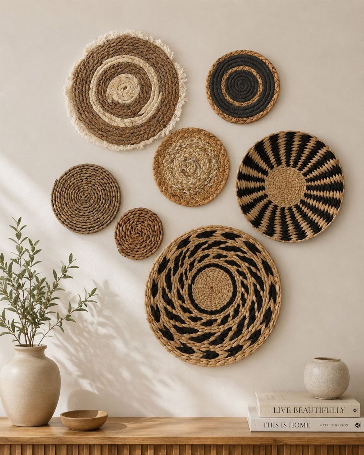 12 Modern Farmhouse Wall Decor Ideas for Living Room 6 Woven baskets of various sizes and patterns displayed on a neutral beige wall.