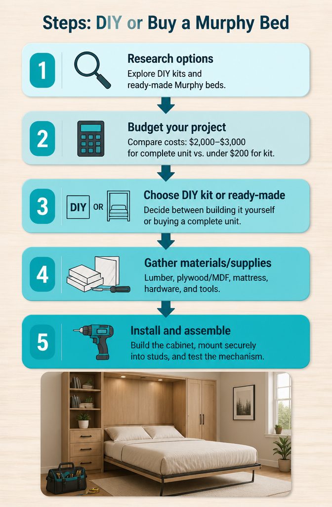 10 Murphy Bed Ideas for Small Spaces, Offices & Guest Rooms 14 Information on costs for purchasing a Murphy bed.