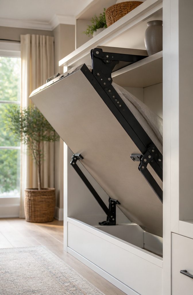 10 Murphy Bed Ideas for Small Spaces, Offices & Guest Rooms 15 Close-up of a sturdy mechanism used in a Murphy bed.