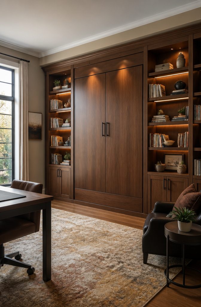 10 Murphy Bed Ideas for Small Spaces, Offices & Guest Rooms 4 A Murphy bed with elegant bookcases on either side.