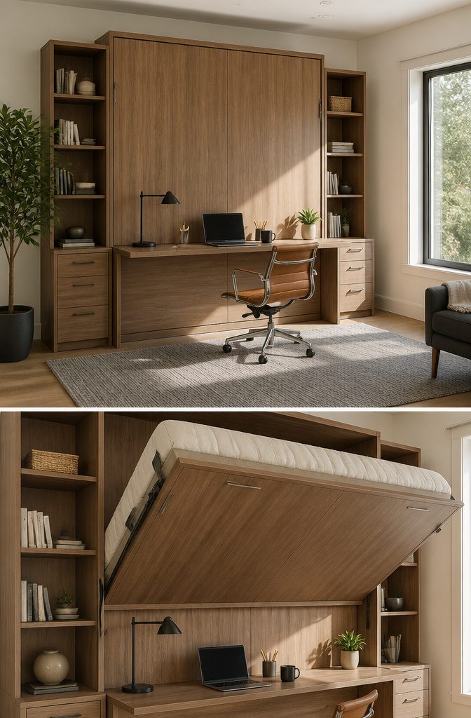 10 Murphy Bed Ideas for Small Spaces, Offices & Guest Rooms 2 A Murphy bed with a desk that folds down seamlessly.