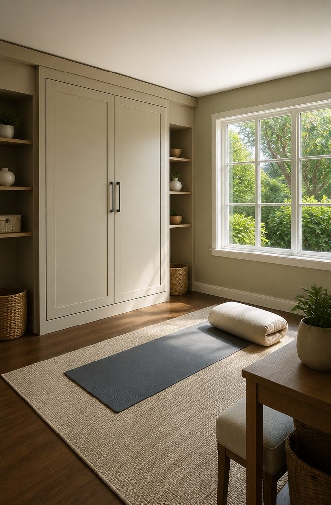 10 Murphy Bed Ideas for Small Spaces, Offices & Guest Rooms 10 A Murphy bed in a stylish guest room setup.