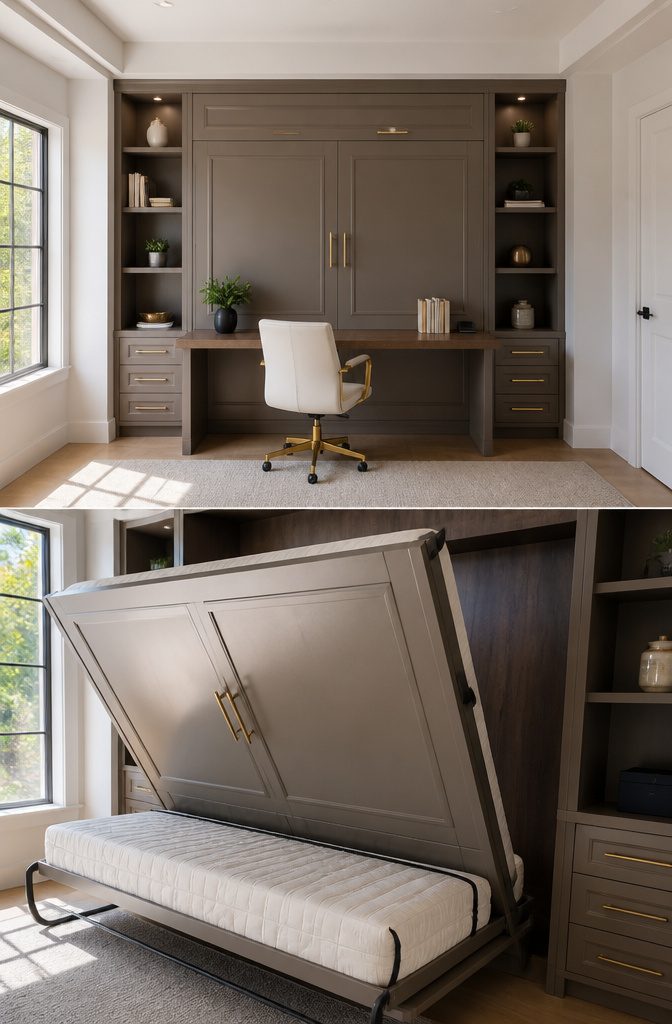 10 Murphy Bed Ideas for Small Spaces, Offices & Guest Rooms 9 A Murphy bed concealed behind cabinet doors in an office.