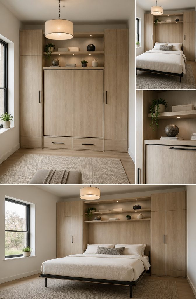 10 Murphy Bed Ideas for Small Spaces, Offices & Guest Rooms 11 A Murphy bed surrounded by storage solutions.