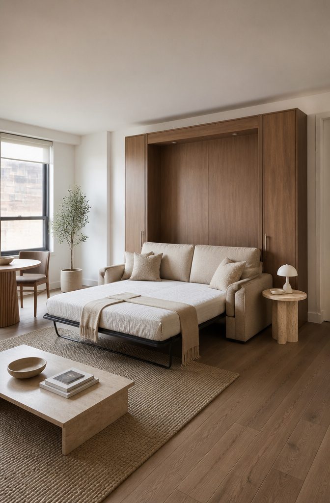 10 Murphy Bed Ideas for Small Spaces, Offices & Guest Rooms 3 A sofa that transforms into a Murphy bed for space-saving.