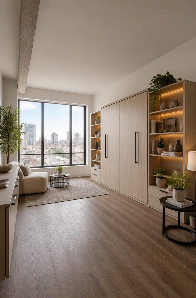 10 Murphy Bed Ideas for Small Spaces, Offices & Guest Rooms 8 A studio apartment featuring a Murphy bed for space-saving.