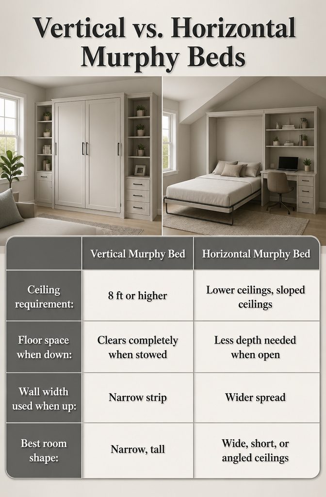10 Murphy Bed Ideas for Small Spaces, Offices & Guest Rooms 7 Illustration comparing vertical and horizontal Murphy beds.