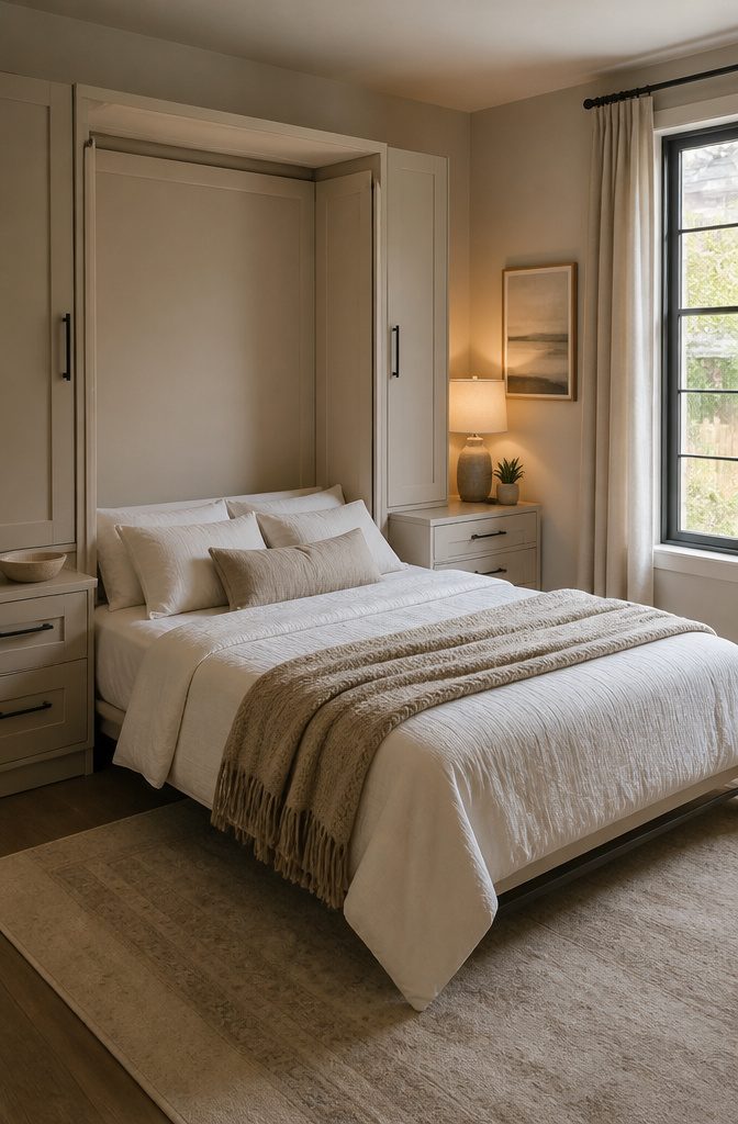 10 Murphy Bed Ideas for Small Spaces, Offices & Guest Rooms 12 A well-made Murphy bed with soft bedding and pillows.