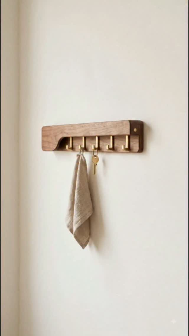 Wooden wall rack with gold hooks holding a beige cloth and keys