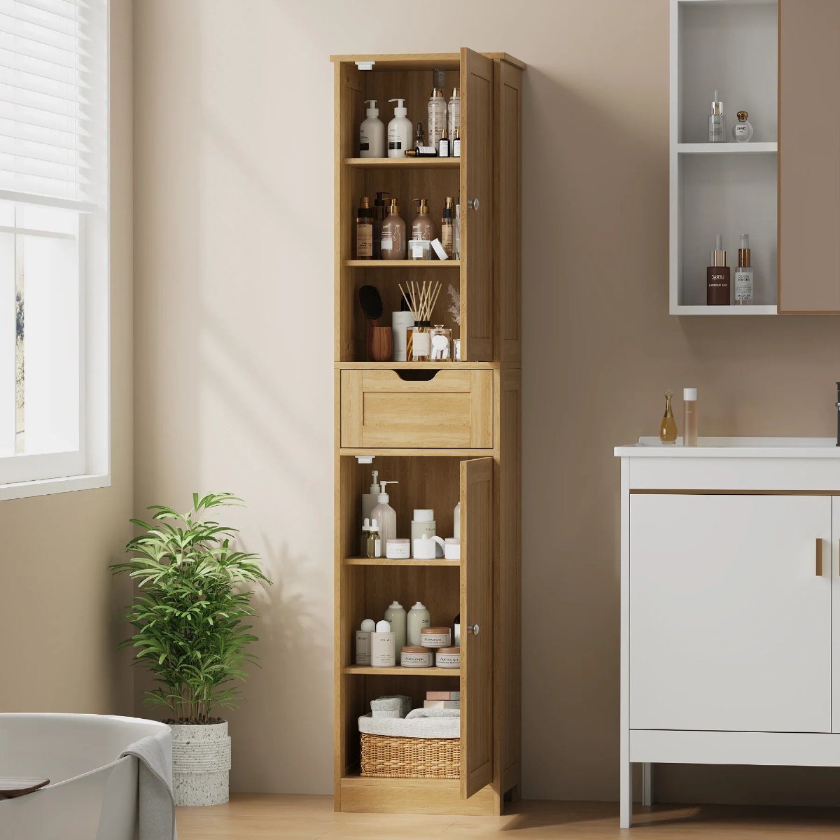 Tall narrow wooden storage cabinet with shelves and drawer in a bright bathroom.