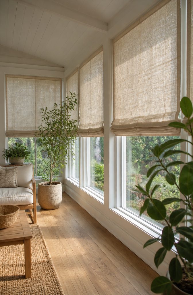 Natural Linen Roman Shades: Styles, Weaves and Mounting 9 100 percent linen Roman shades in a bright sunroom with cozy seating.