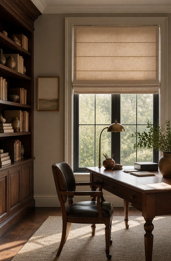 Natural Linen Roman Shades: Styles, Weaves and Mounting 5 Aventura Roman shades with clean lines in a refined study.