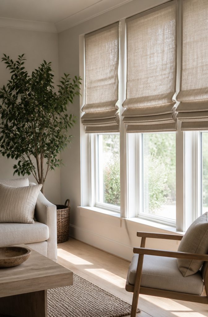Natural Linen Roman Shades: Styles, Weaves and Mounting 4 Cascade Roman shades with overlapping folds in a tastefully decorated living room.
