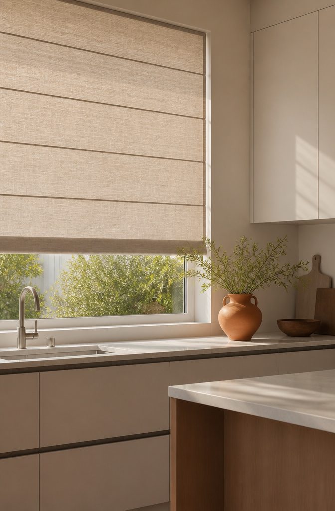 Natural Linen Roman Shades: Styles, Weaves and Mounting 3 Flat Roman shades in a modern kitchen with natural light.