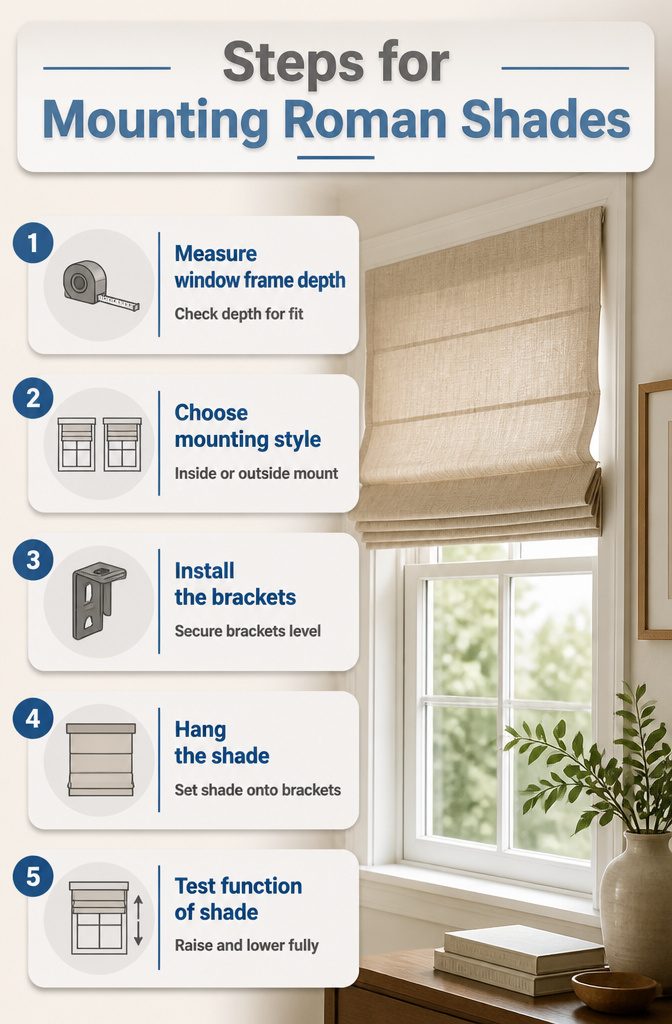 Natural Linen Roman Shades: Styles, Weaves and Mounting 13 Steps for mounting Roman shades, showing different mounting styles.