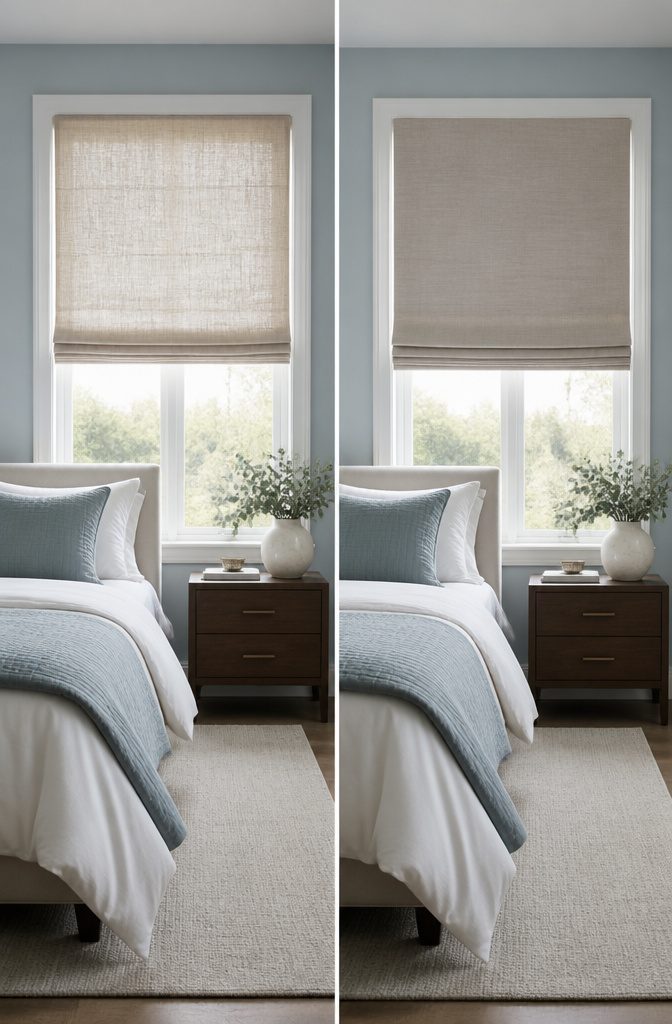 Natural Linen Roman Shades: Styles, Weaves and Mounting 10 Linen blend Roman shades in a contemporary interior setting.