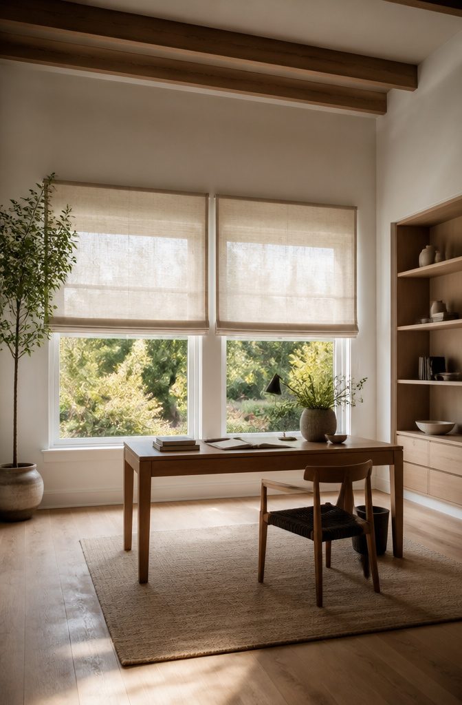 Natural Linen Roman Shades: Styles, Weaves and Mounting 11 Loose-weave linen Roman shades filtering soft sunlight into a bright room.