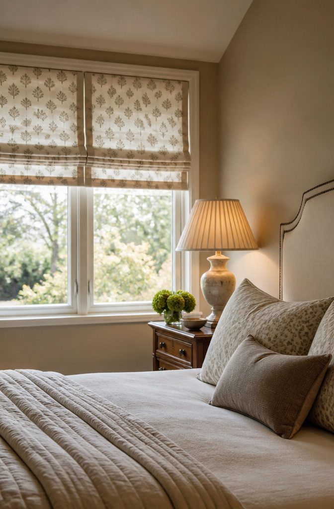 Natural Linen Roman Shades: Styles, Weaves and Mounting 12 Patterned linen shades with floral designs in a welcoming guest room.