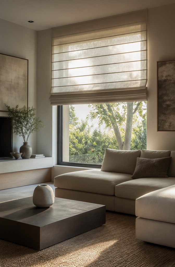 Natural Linen Roman Shades: Styles, Weaves and Mounting 8 Pleated Roman shades with accordion folds in a contemporary living room.